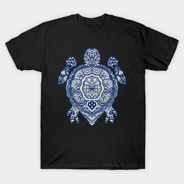 Colorful Blue and White Turtle Mandala Art - Spiritual Ocean Creature Design T-Shirt by TeeTrendz